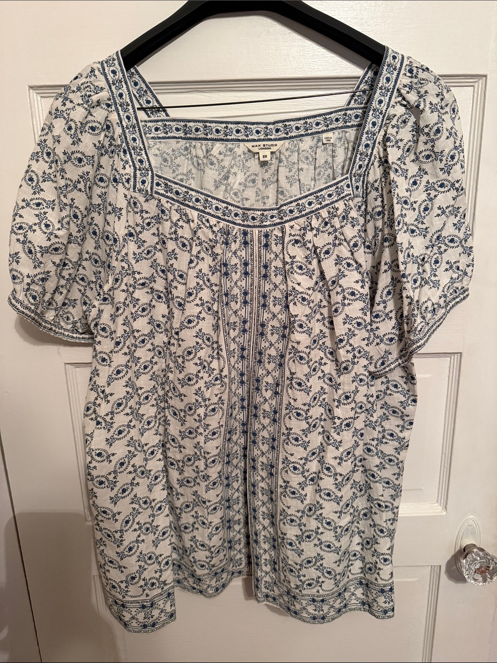 Max Studio White and Blue Floral Square-Neck Tunic